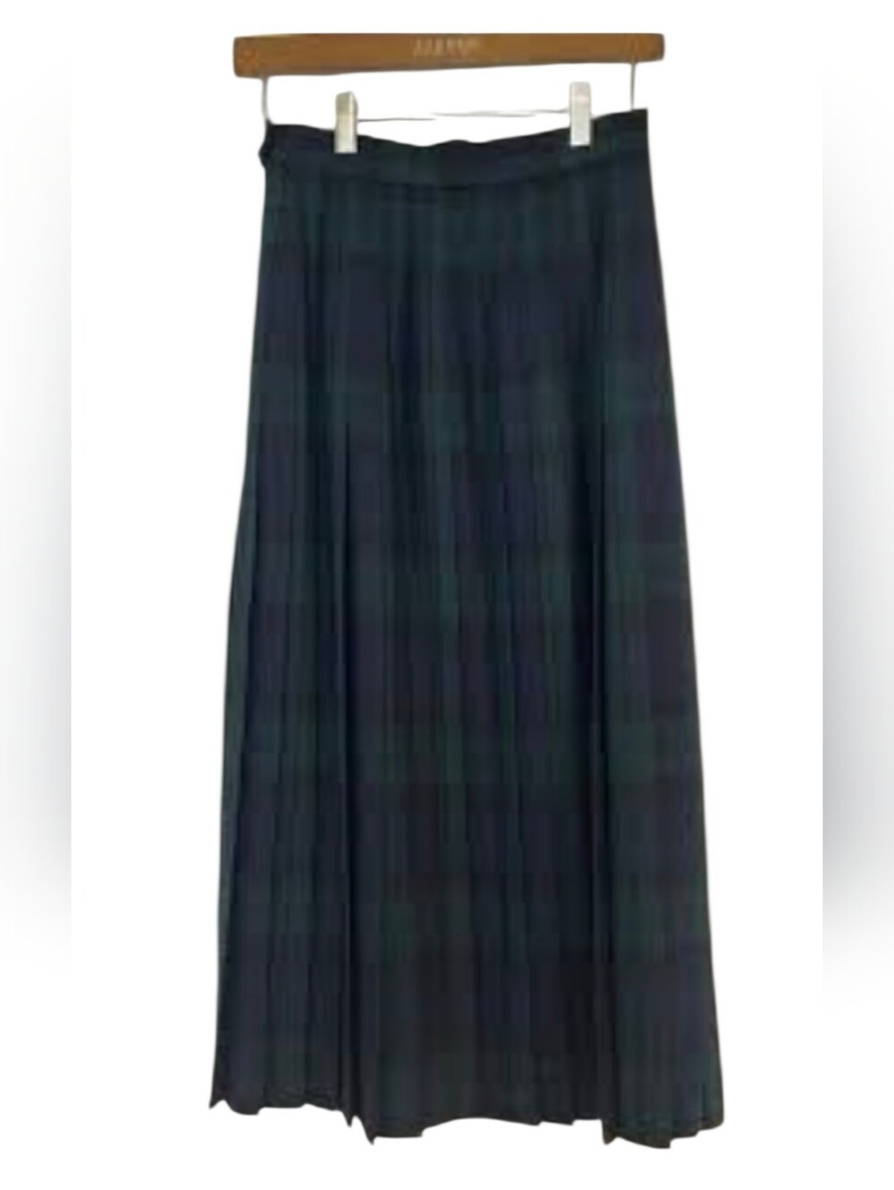Vintage Lands' End Navy & Green Tartan Pleated Wool Midi Skirt